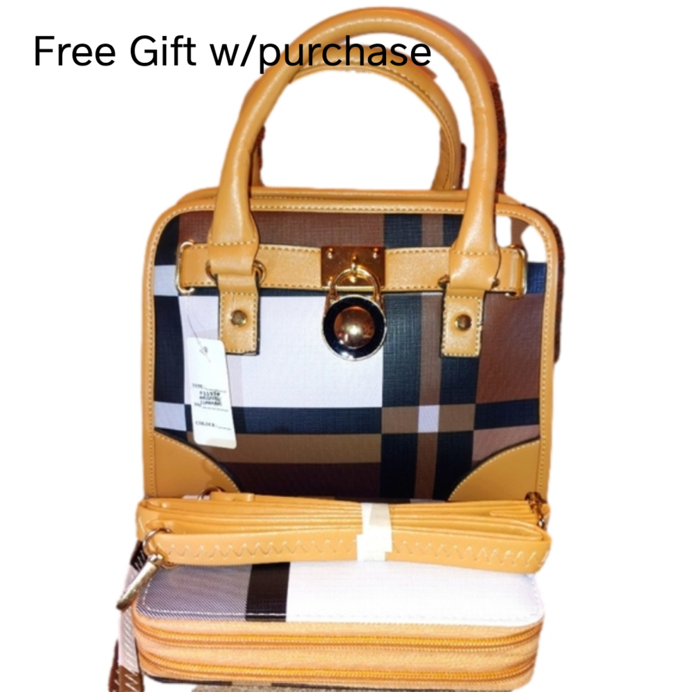 Handbag/Purse Plaid Trimmed in Camel with Matching Double Zip Wallet - Picture 1 of 8